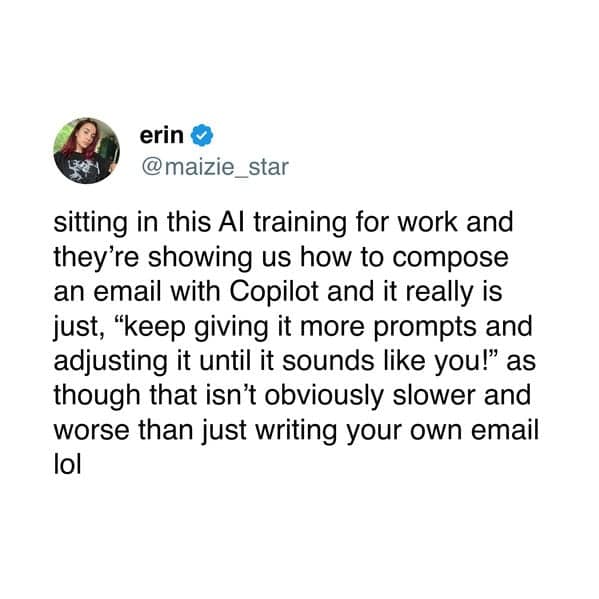Screenshot of tweet about AI training and composing emails with Copilot.