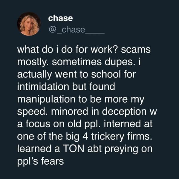 Tweet screenshot with long paragraph describing deceptive career and manipulation.