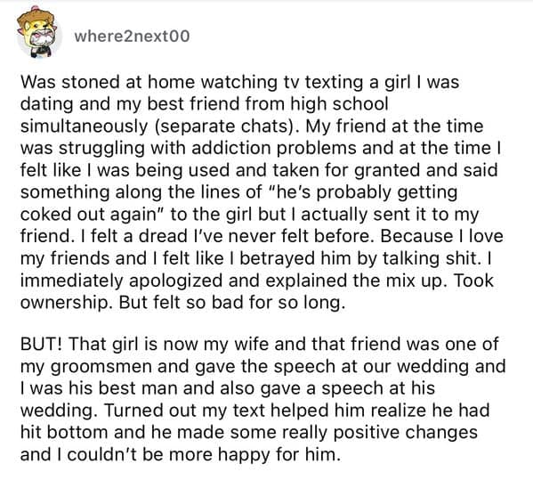 text fail story that started as a disaster but ended up having a very wholesome outcome.