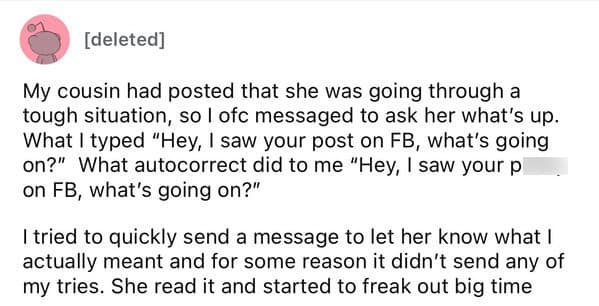 A disastrous text fail caused by an unfortunate autocorrect changing the word "post."