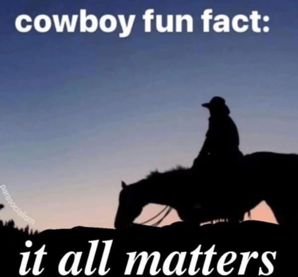 Cowboy silhouette against a sunset with inspirational quote