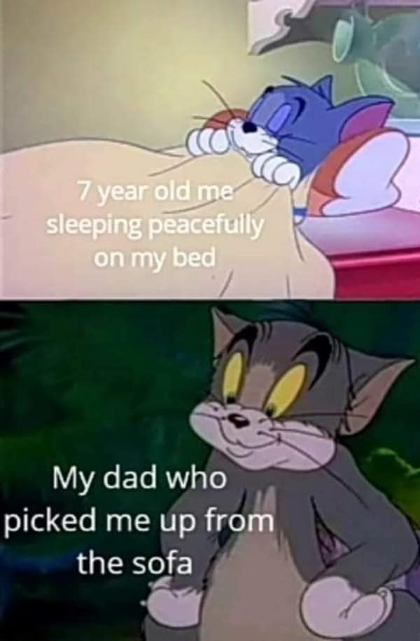 Tom from Tom and Jerry putting Jerry to bed, meme about childhood memories