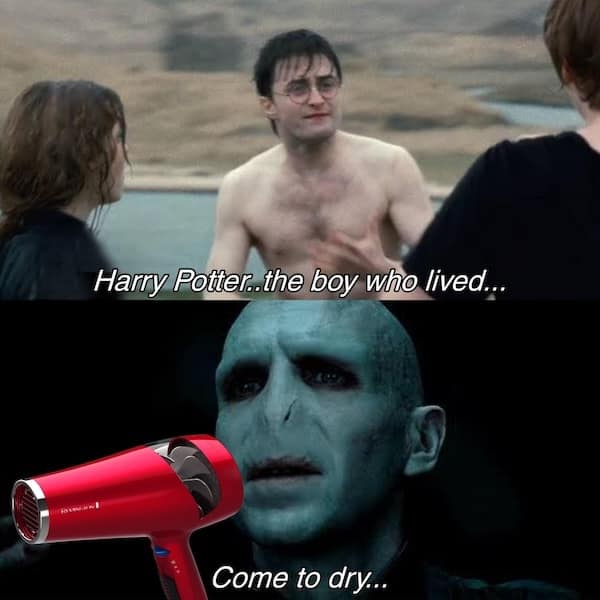 Voldemort blow-drying Harry Potter meme parody
