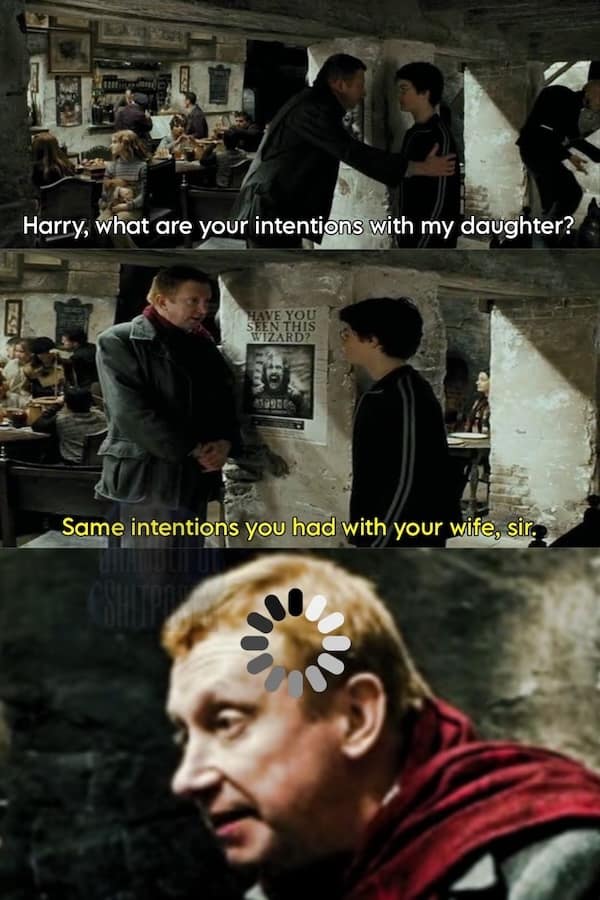 Harry Potter meme with Arthur Weasley buffering after a savage comeback