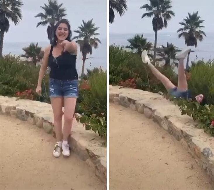 One of the best photos of influencers getting busted after falling over a wall while dancing.