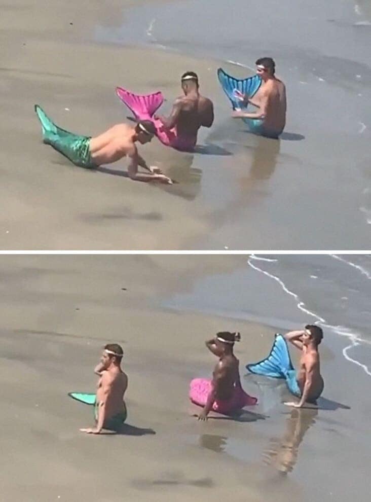 A group of influencers getting busted while trying to do a serious "merman" photoshoot on a beach.