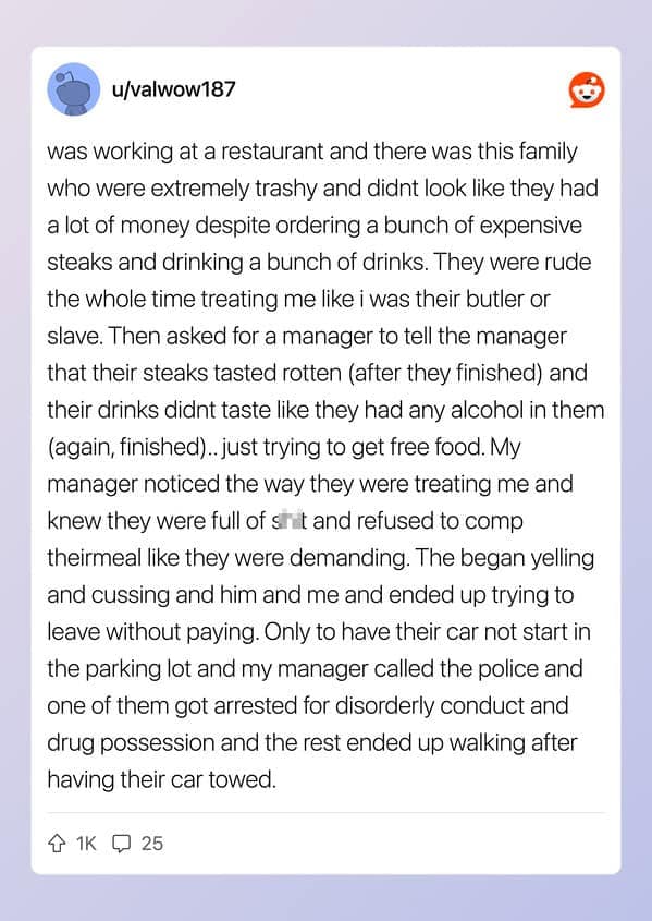 Waiter story about a trashy family trying to scam a restaurant and getting arrested.