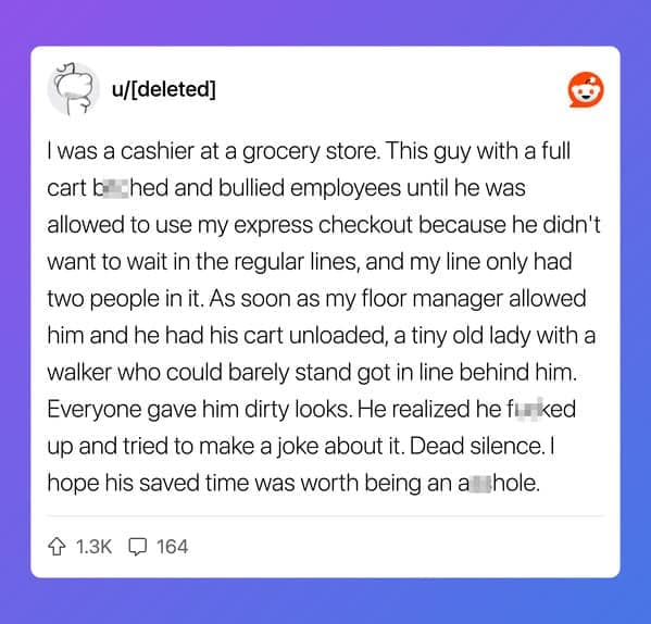 Grocery store customer pushes his way into express checkout only to get humiliated.