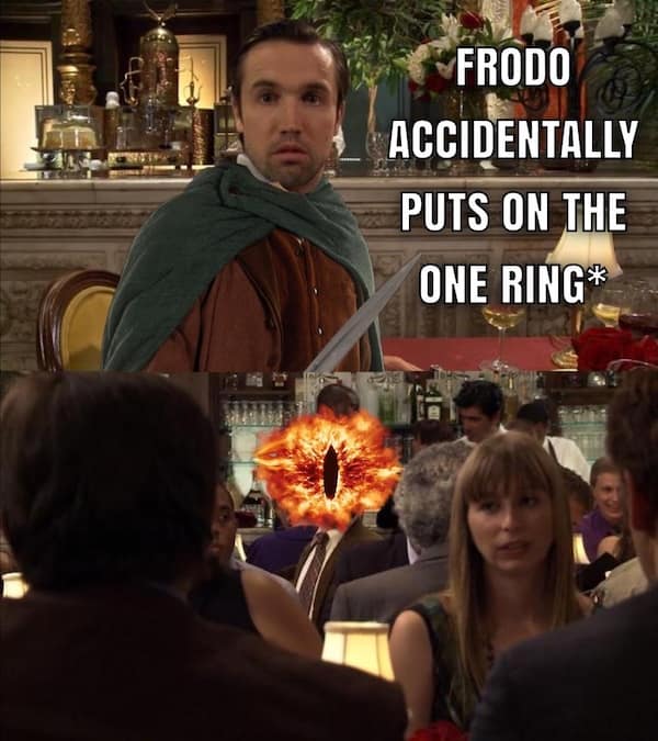 An It's Always Sunny meme crossing over 'Lord of the Rings' with Mac as Aragorn and Dennis as Sauron