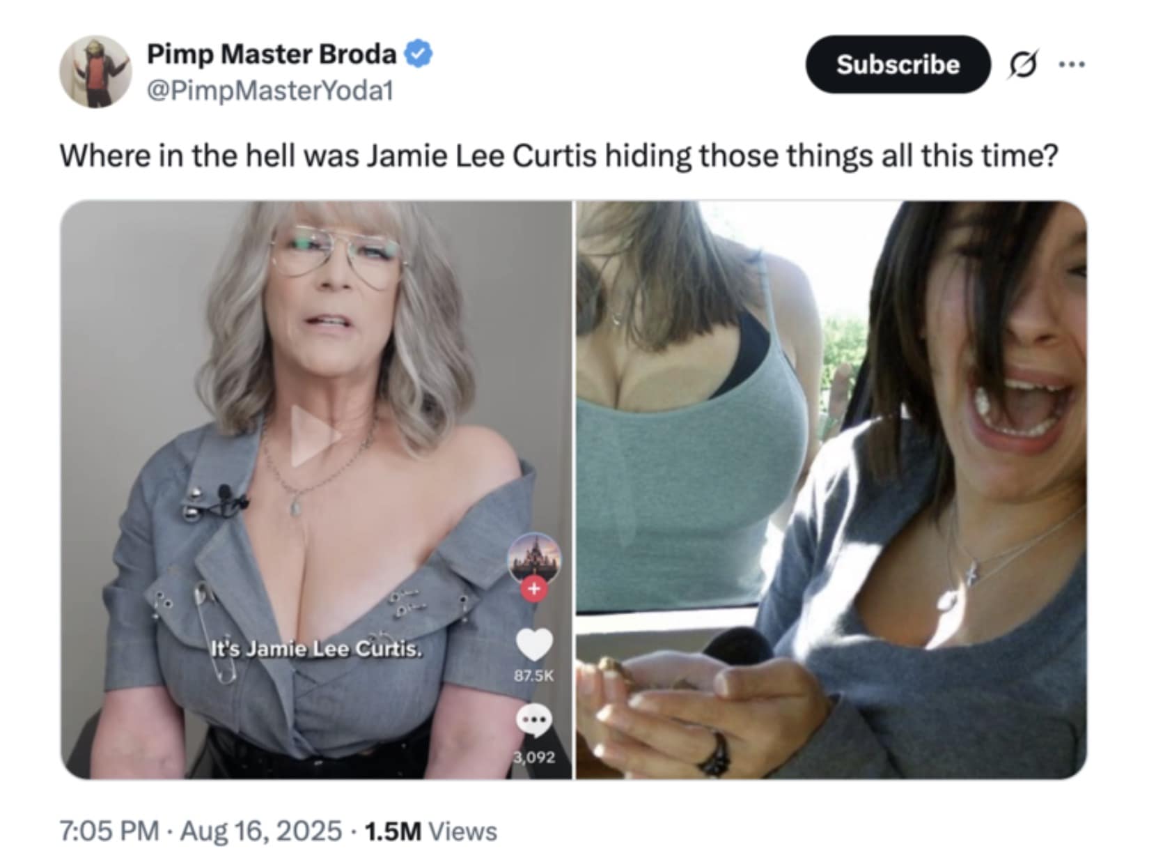 Tweet with caption wondering “where… was she hiding those things,” pairing the promo still with a photo of a person in a low-cut tank top.