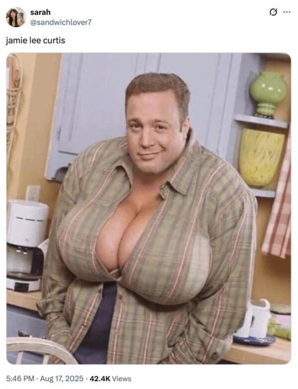 Tweet captioned “jamie lee curtis” over a Photoshopped image of a man in a plaid shirt with an exaggerated chest in a kitchen.