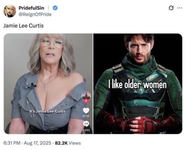 Side-by-side: the ad screenshot of the gray-haired woman on the left; a superhero image on the right with text “I like older women.”