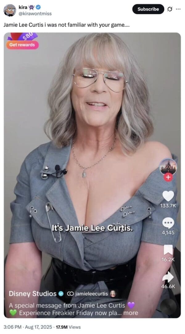 Tweet says “Jamie Lee Curtis i was not familiar with your game…” above the promo video still with on-screen text “It’s Jamie Lee Curtis.”