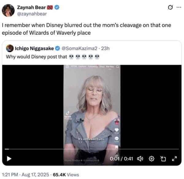 Quote-tweet comparing the promo screenshot to a memory of a TV show censoring cleavage, with skull emojis and “Why would Disney post that.”