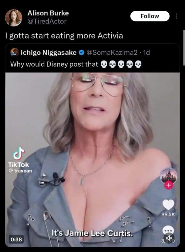 Tweet: “I gotta start eating more Activia,” over a close crop of the promo video showing the gray-haired woman’s neckline.