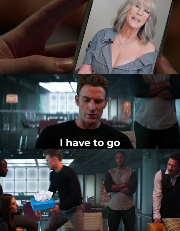 Three-panel: a phone shows the promo still; a superhero says “I have to go”; then he rushes off, a tissue box added in the frame.