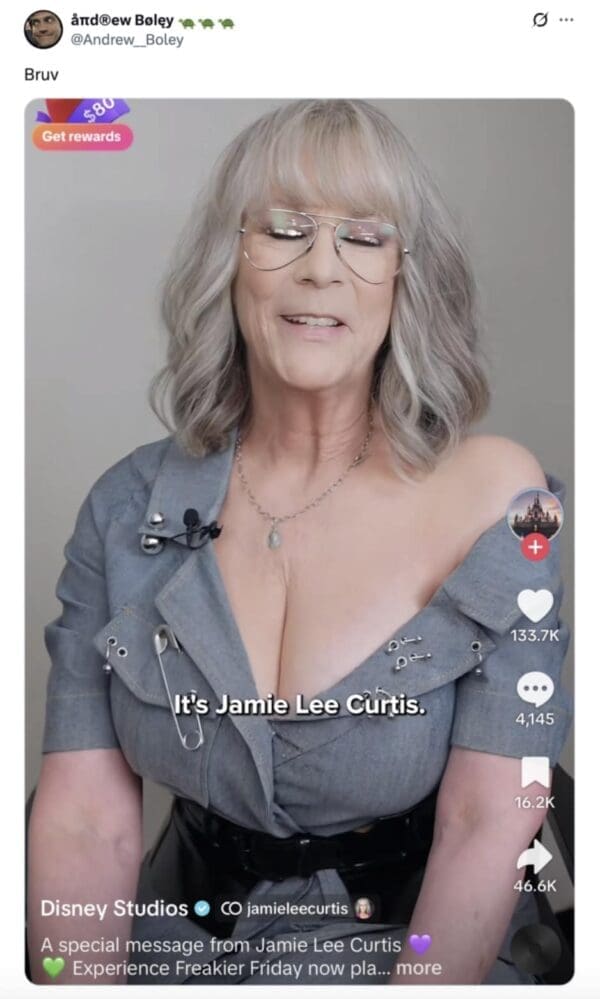 Tweet simply says “Bruv” above the full Disney promo screenshot showing the gray-haired woman smiling.