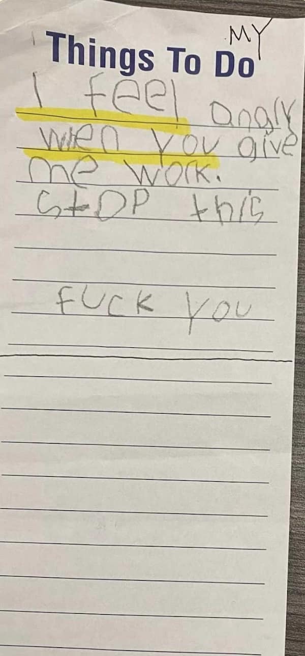 Child’s angry “Things To Do” note complaining about homework, with profanity.