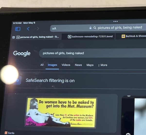 Tablet showing awkward child search with SafeSearch enabled.