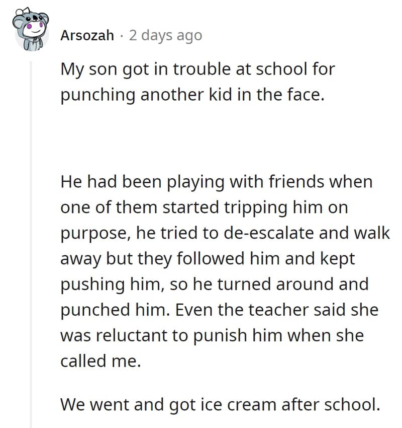 A proud parenting moment where a son stands up to a bully after trying to de-escalate.