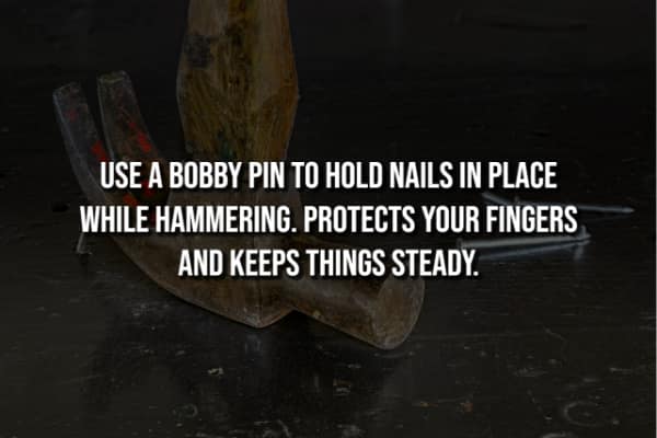 A simple but effective life hack for holding a nail in place while hammering.