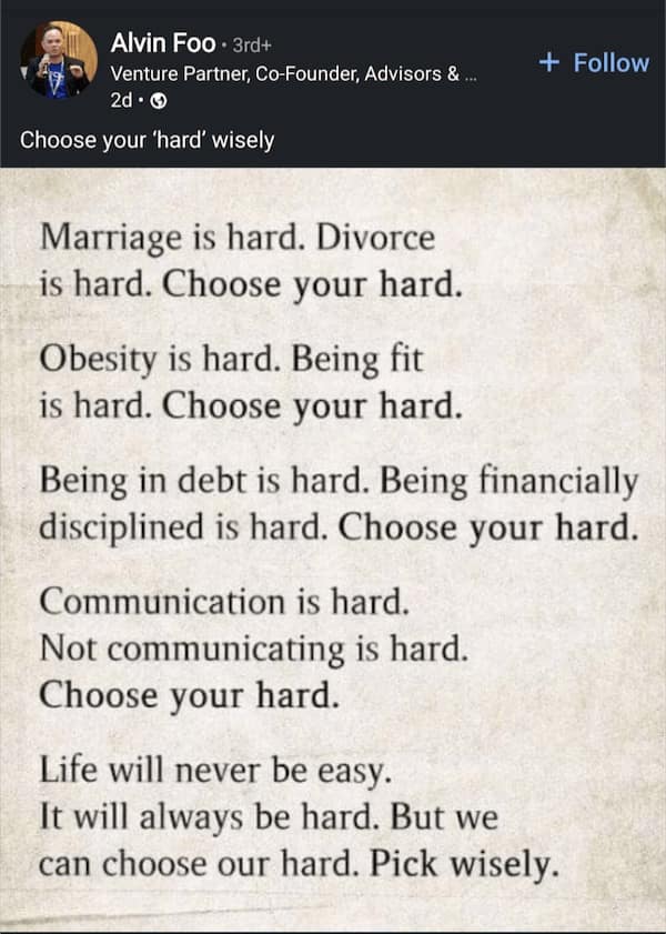 Text post urging people to choose their life challenges wisely