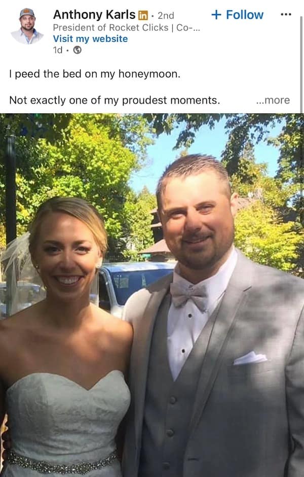 Bride and groom smiling on wedding day with confession text overlay