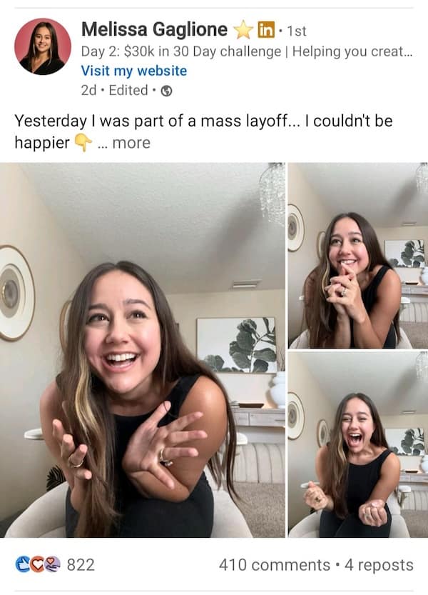 Woman smiling in photos after being laid off from job