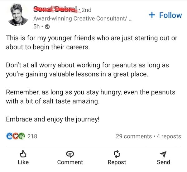 Man giving career advice comparing low pay to eating salted peanuts