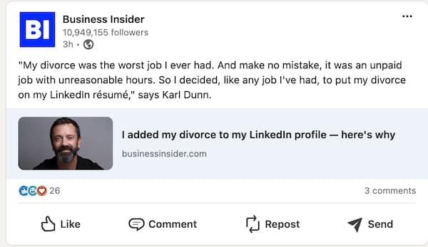 Business Insider post about adding divorce to LinkedIn résumé