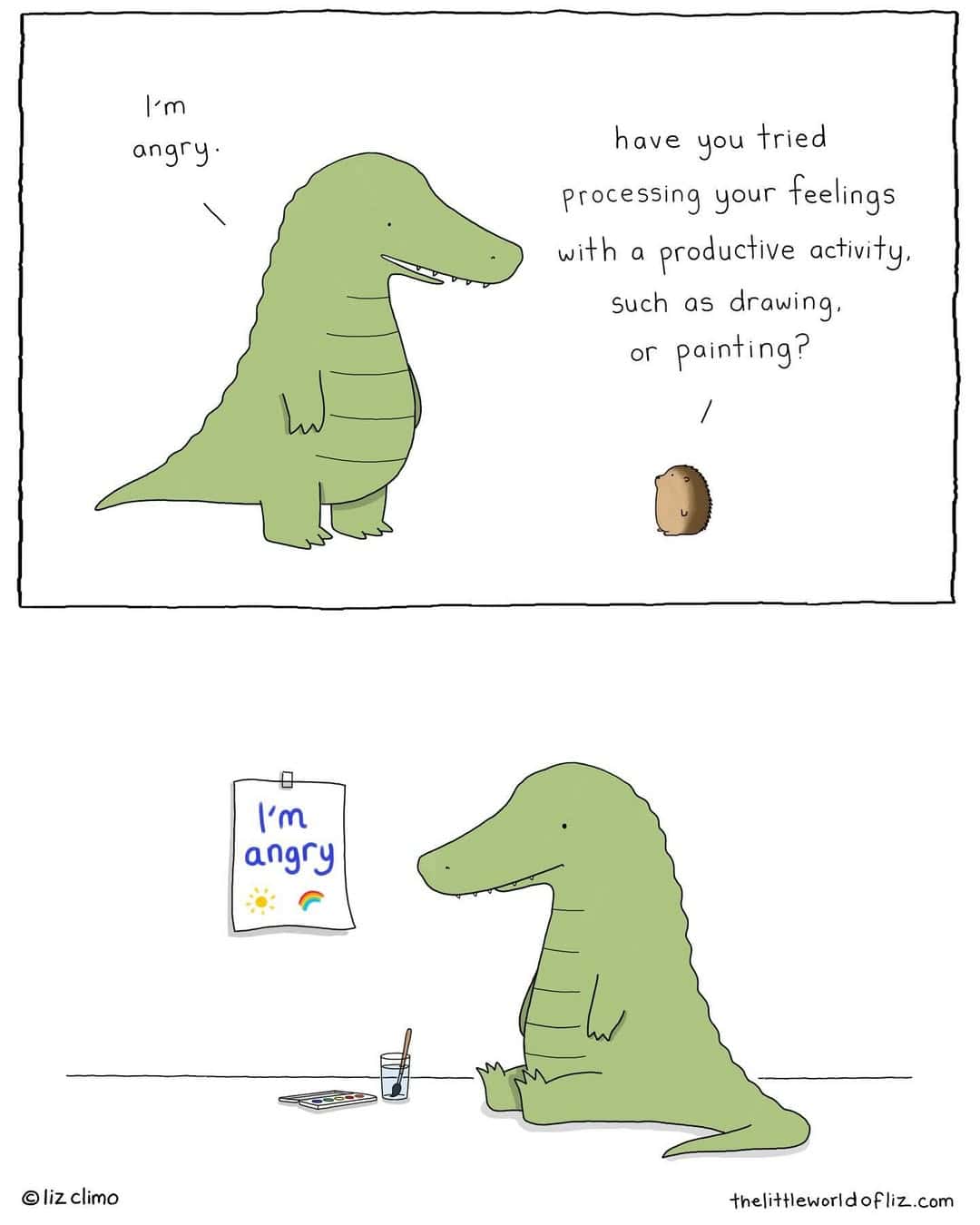 A funny Liz Climo comic about an alligator processing his anger through a simple drawing.