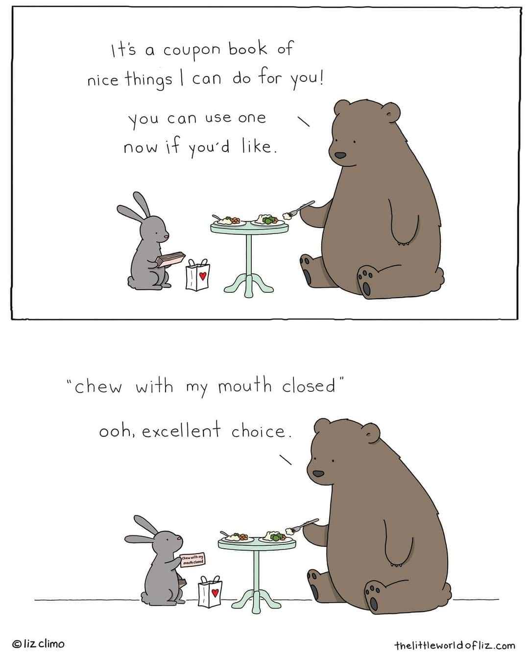 A funny Liz Climo comic where a bear uses a coupon to make a rabbit chew politely.