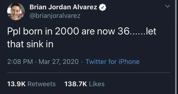 A viral tweet math fail where someone confidently claims people born in 2000 are now 36.