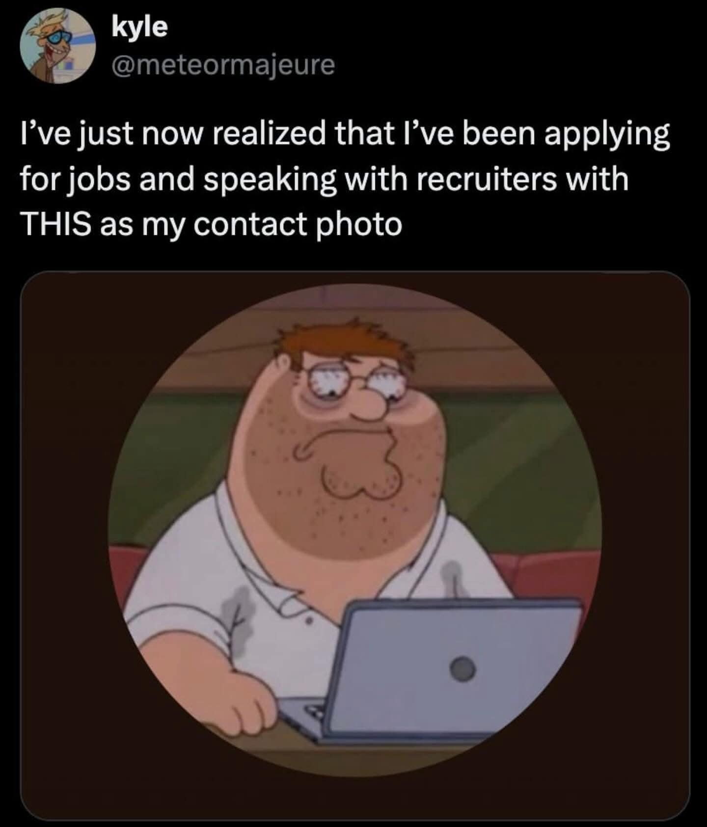 Tweet about applying for jobs while using a goofy cartoon contact photo at a laptop.