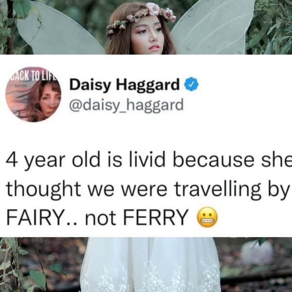 Daisy Haggard shares how her 4-year-old daughter got upset thinking they were traveling by fairy instead of ferry. A cute misunderstanding in this hilarious meme dump.