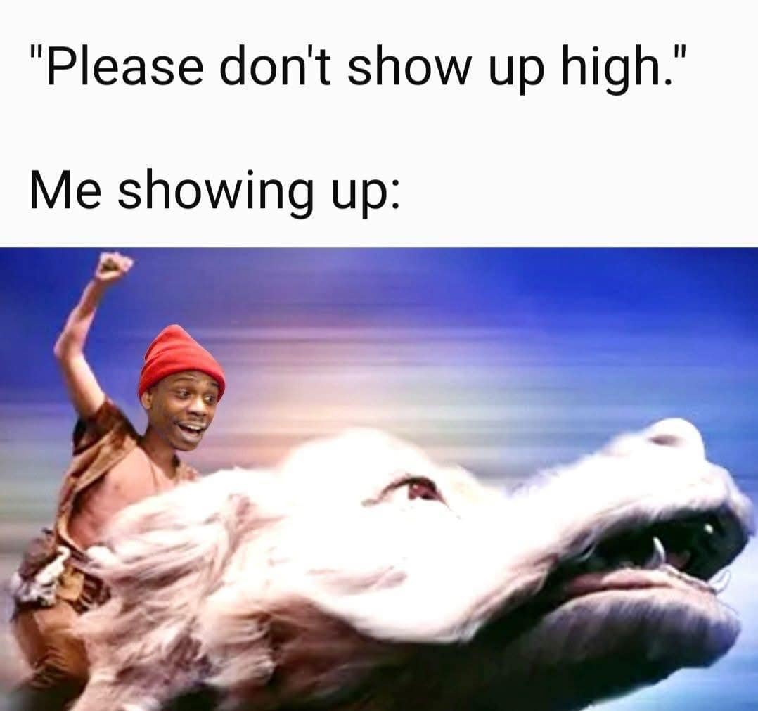 Caption “Please don’t show up high. / Me showing up:” with a rider on a flying white creature at high speed.