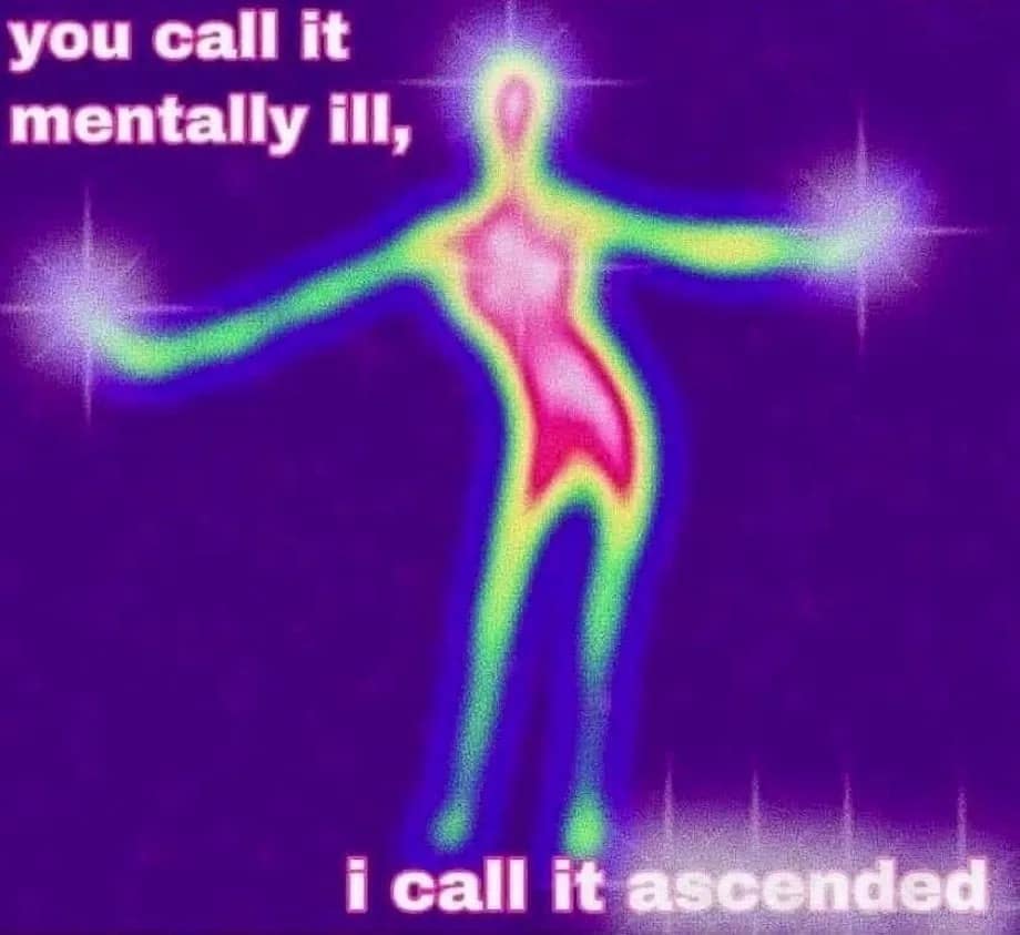 Neon heat-map silhouette with caption “you call it mentally ill, I call it ascended.”