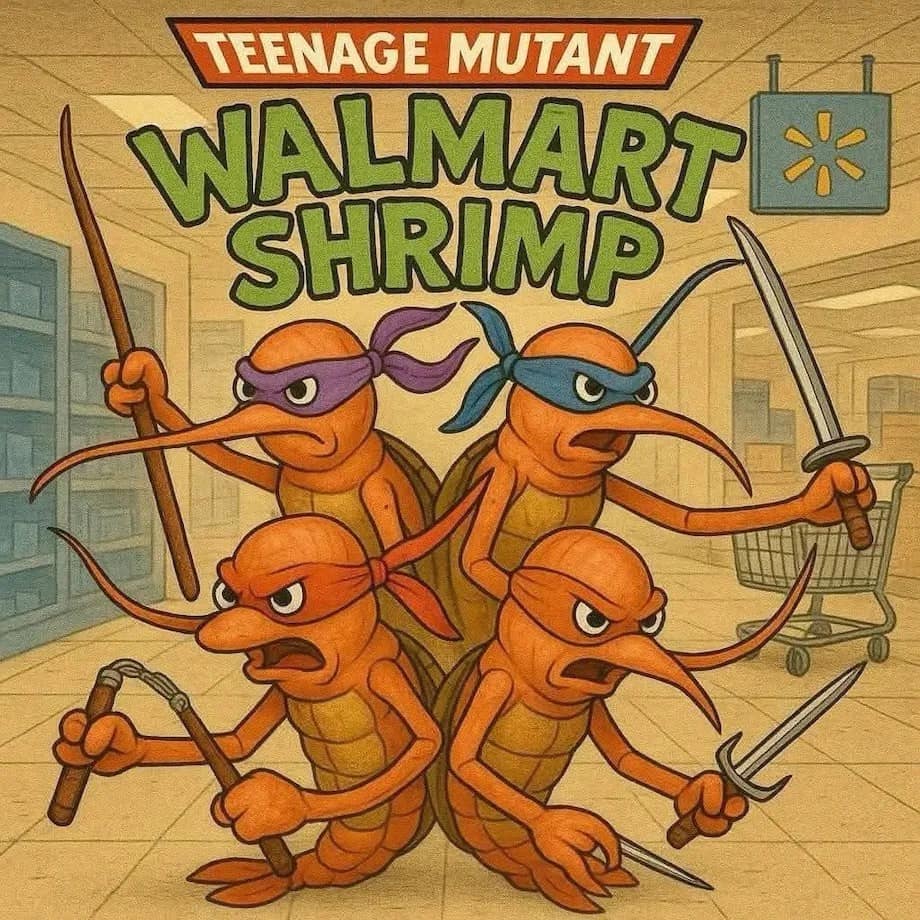 Cartoon parody “Teenage Mutant Walmart Shrimp” shows four shrimp ninjas with weapons in a store aisle.