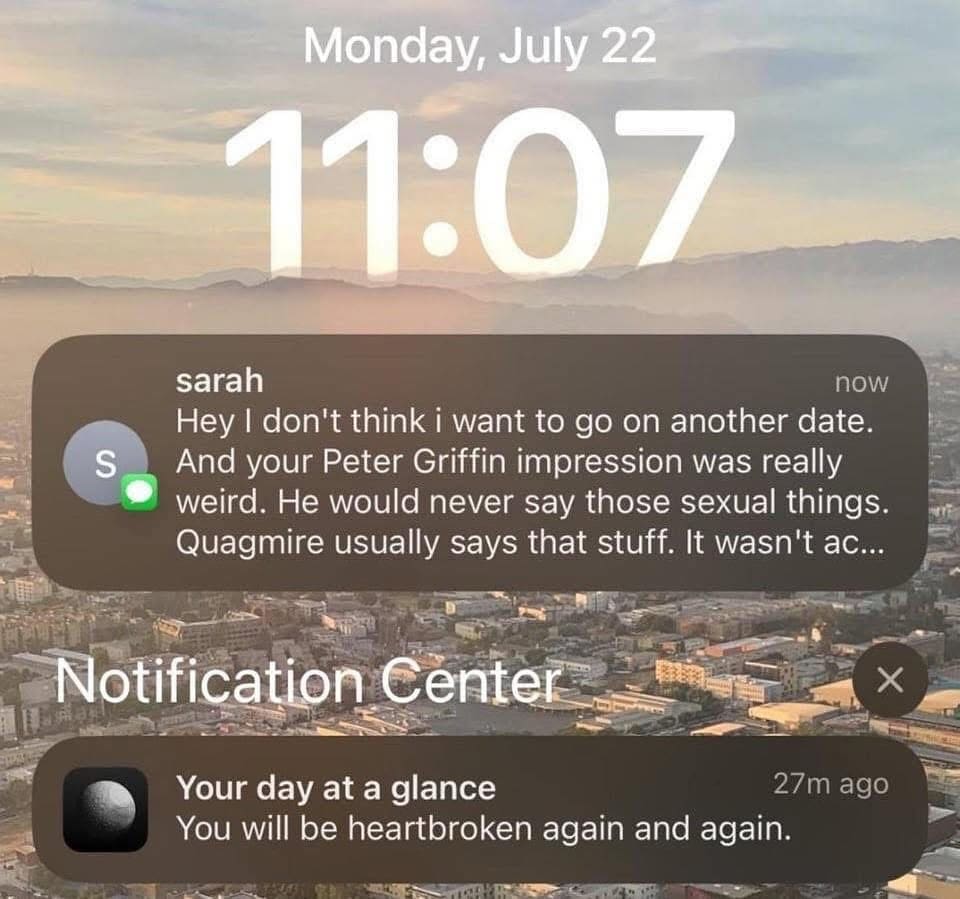 Phone lock screen shows breakup text from Sarah and a widget prediction: “You will be heartbroken again and again.”
