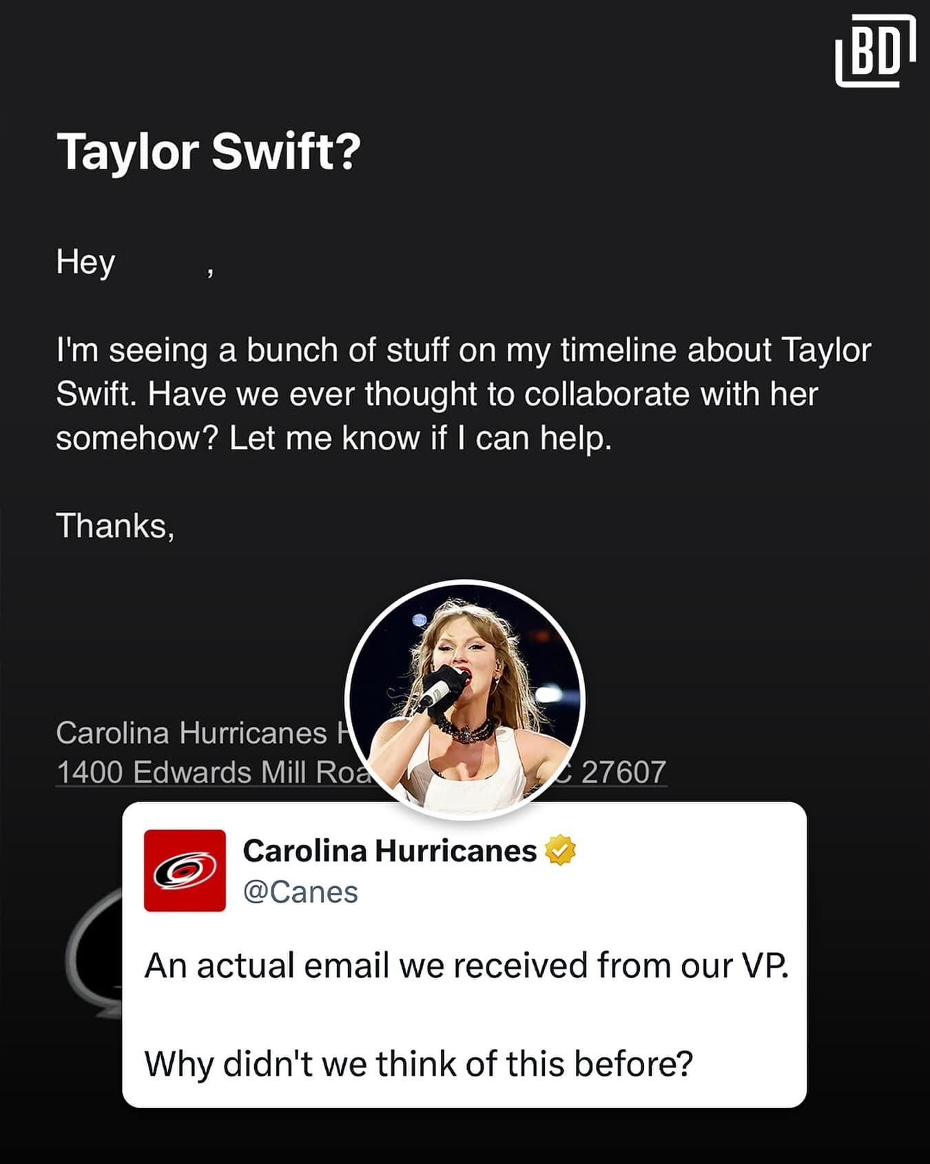 A meme dump favorite shows a hockey team’s email titled “Taylor Swift?” with the club’s sarcastic tweet reply layered on it.