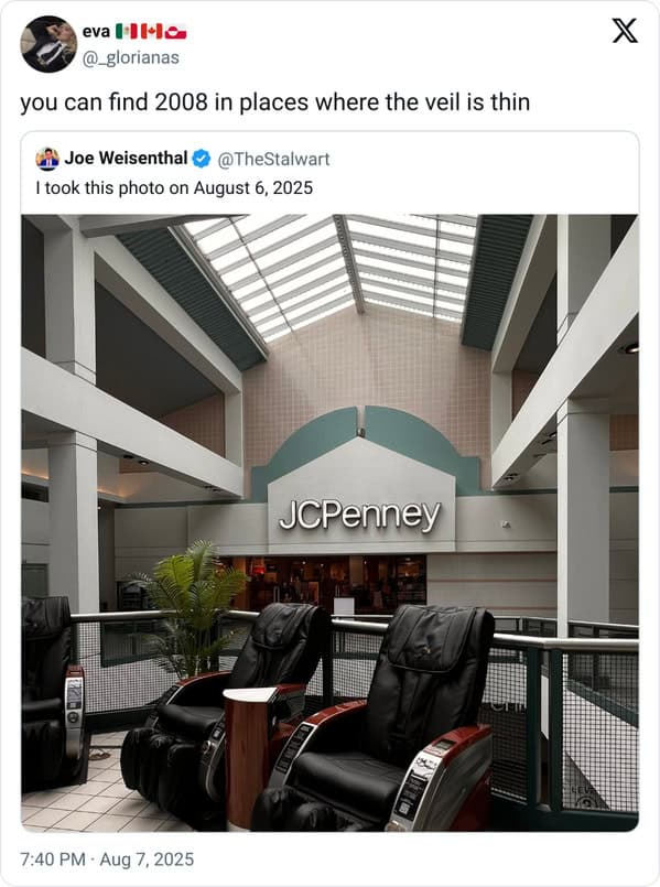Tweet showing a photo of a JCPenney inside a mall, caption says “you can find 2008 in places where the veil is thin.”