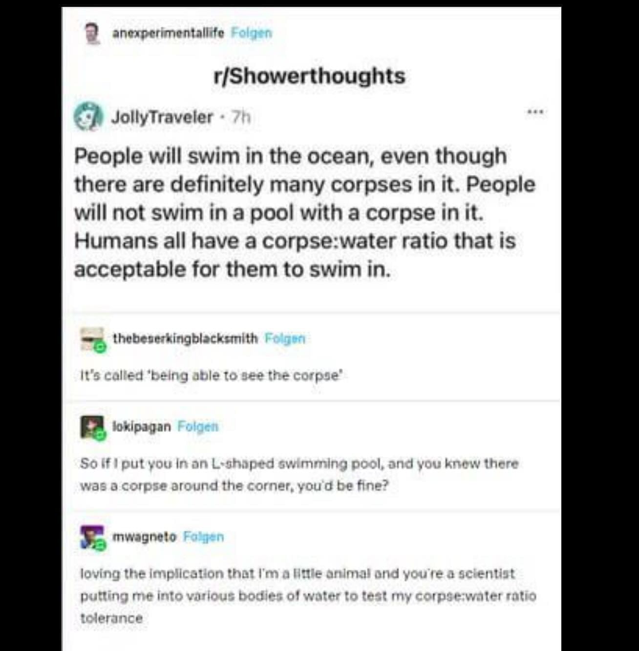 A r/Showerthoughts post explaining how everyone has an acceptable corpse-to-water ratio for swimming.