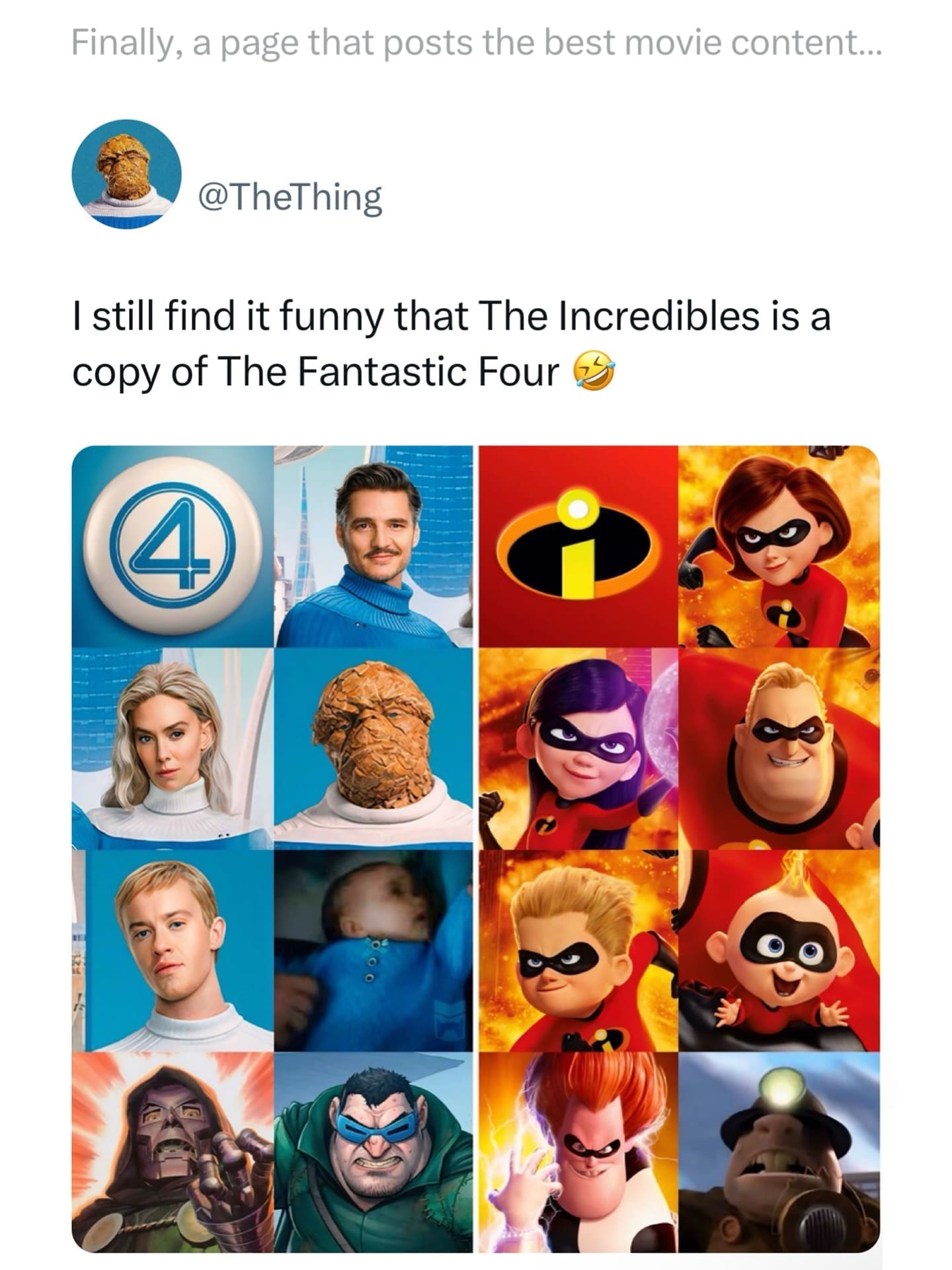 A tweet pointing out how The Incredibles closely mirrors The Fantastic Four with side-by-side comparisons.