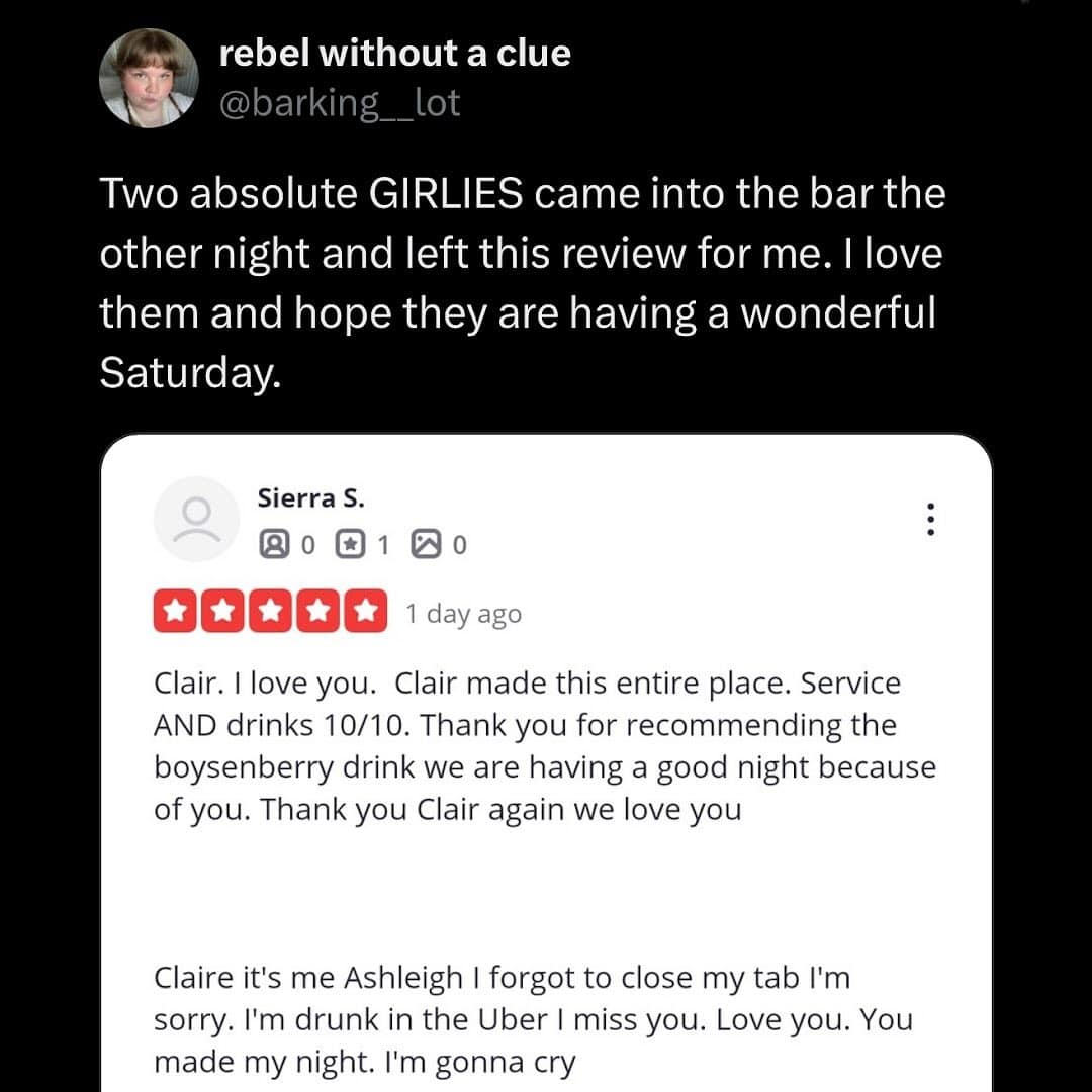 A wholesome meme dump share: five-star bar review where tipsy patrons profess love to the server who made their night.