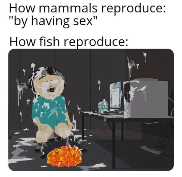 Meme comparing mammal reproduction “by having sex” to fish reproduction, using an image of Randy Marsh from South Park surrounded by liquid near fish eggs.