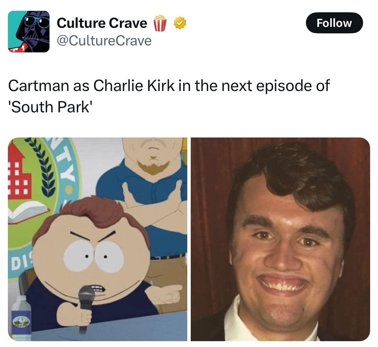 A tweet comparing South Park's Eric Cartman to political commentator Charlie Kirk, with side-by-side images.