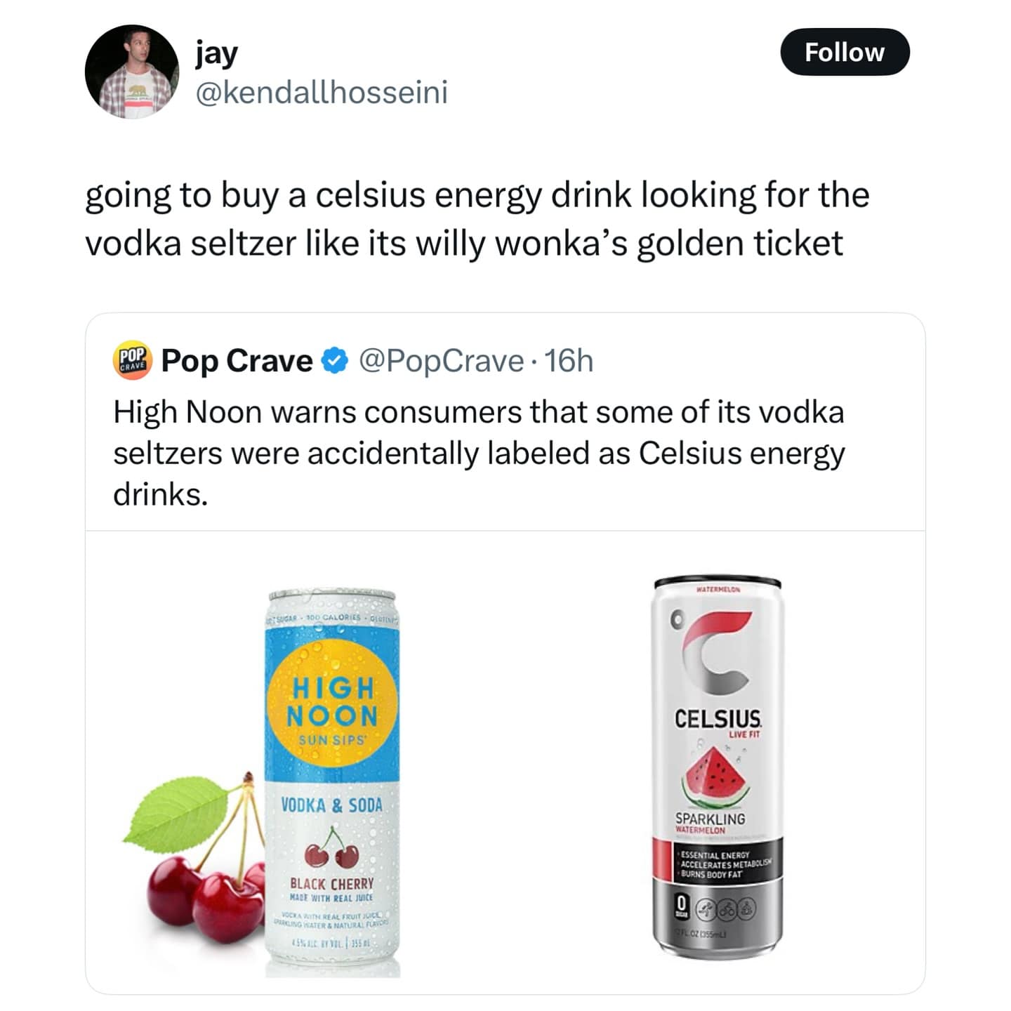 Tweet joke about mistaking a vodka seltzer for an energy drink due to a labeling error.
