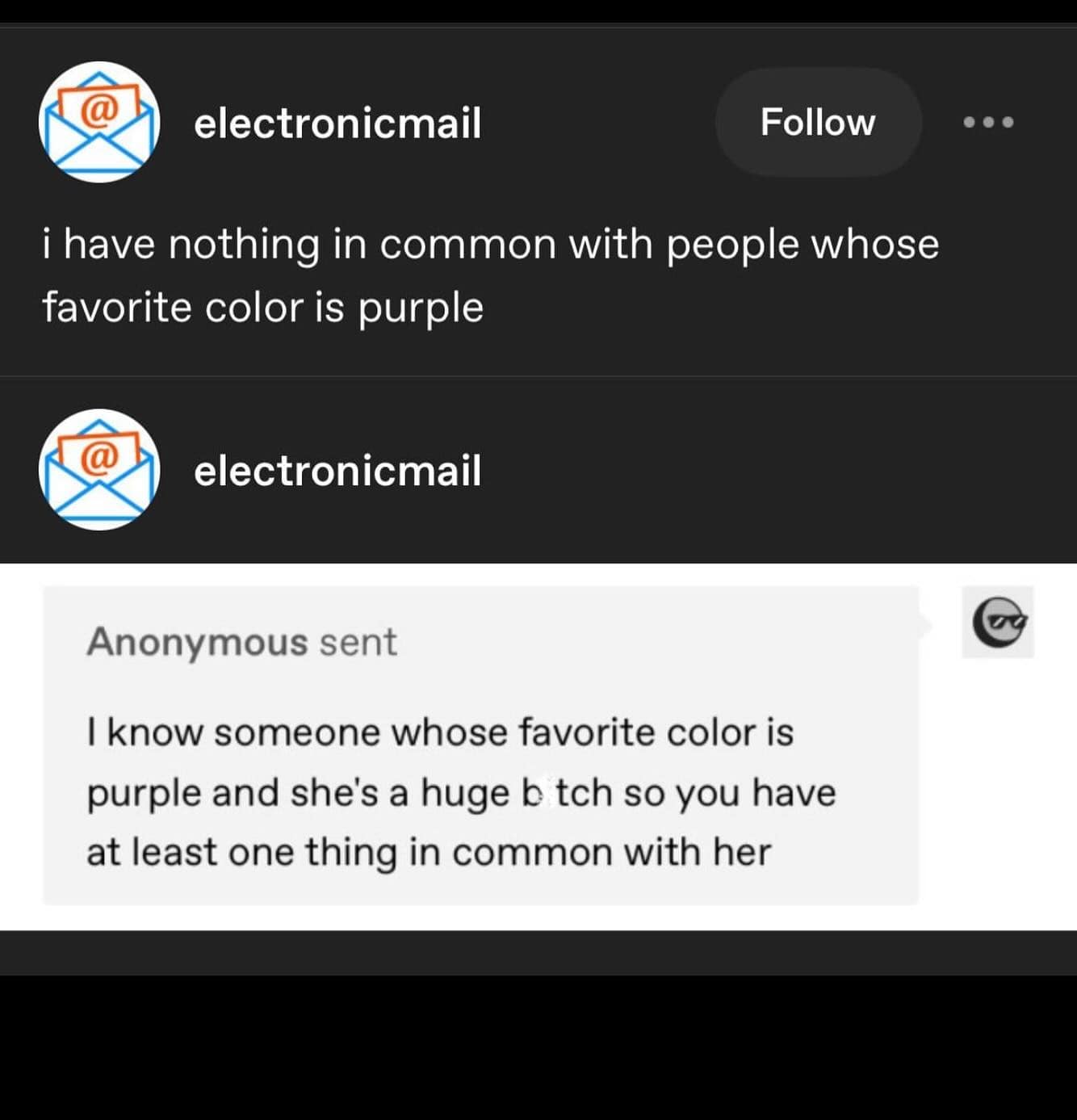 A Tumblr post where someone says they dislike purple lovers, followed by an anonymous roast.