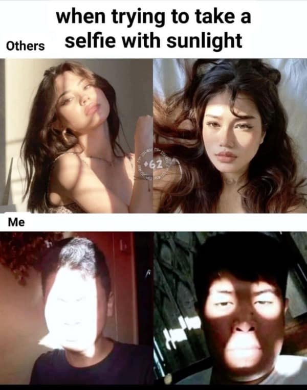 a collage comparing glamorous sunlight selfies vs overexposed, shadow-striped selfies.