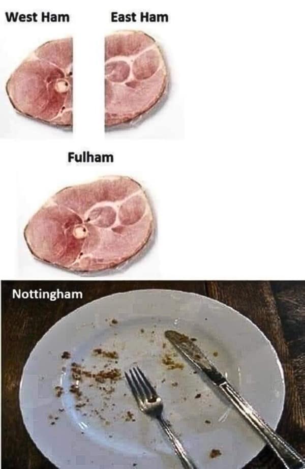 “West Ham / East Ham / Fulham / Nottingham ham wordplay meme with plate.”